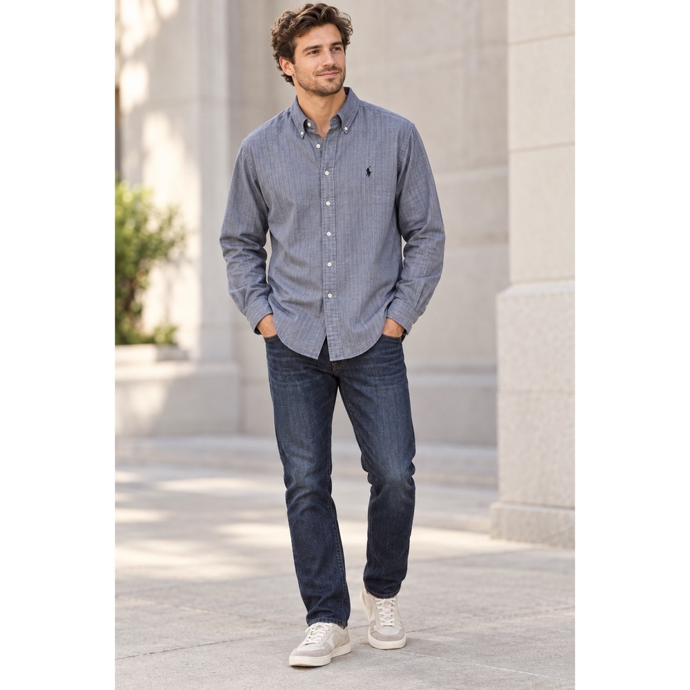 Polo Ralph Lauren Blake Blue Herringbone Cotton Button Down Shirt Mens Large